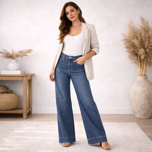 Anthropologie Level 99 Wide Leg High Waist Hemp Blend Trousers Women's 24 Blue